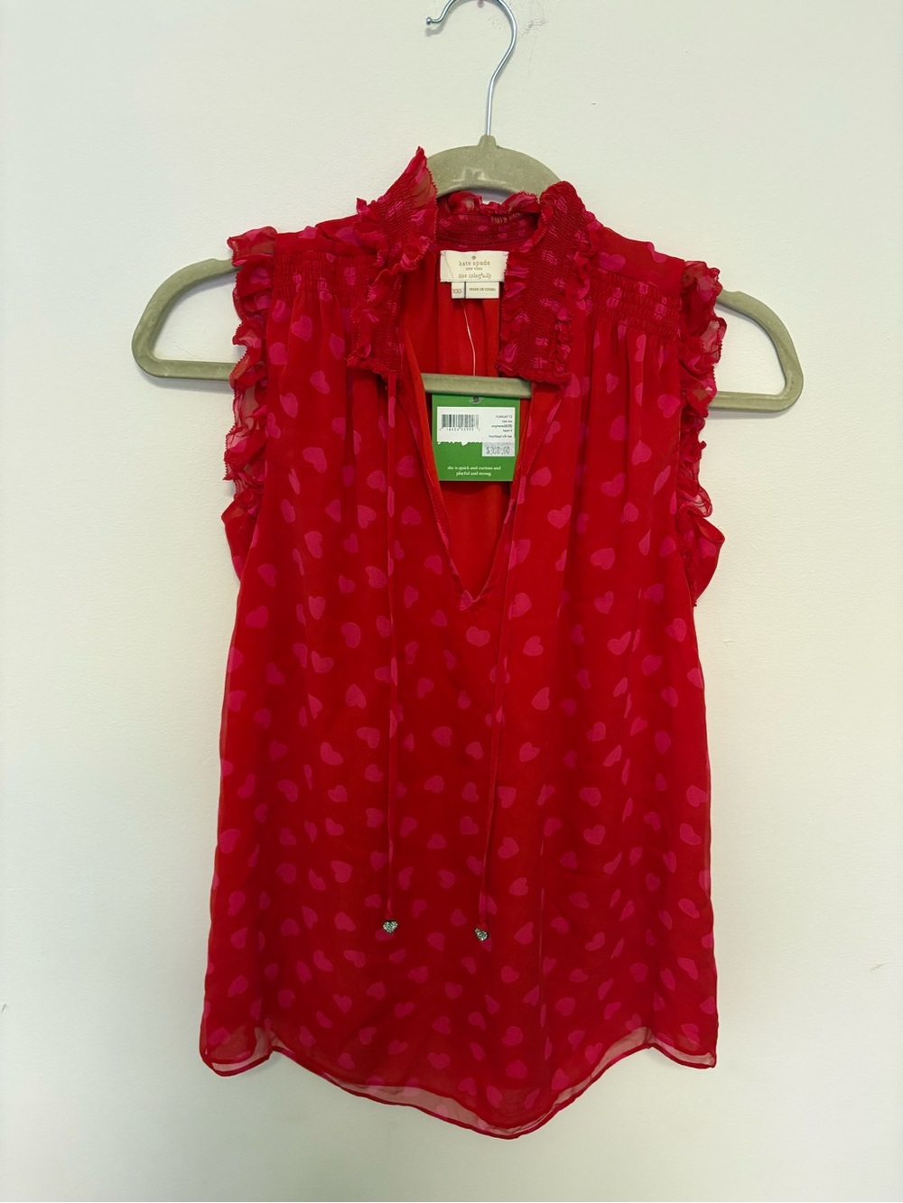 NWT Kate Spade Heartbeat Silk Top Red Pink Heart Print Ruffle Neck XXS $308